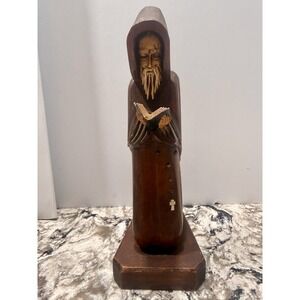 Vintage Hand Carved Wooden Priest Friar Monk w Rosary Reading Scripture 9 1/2"